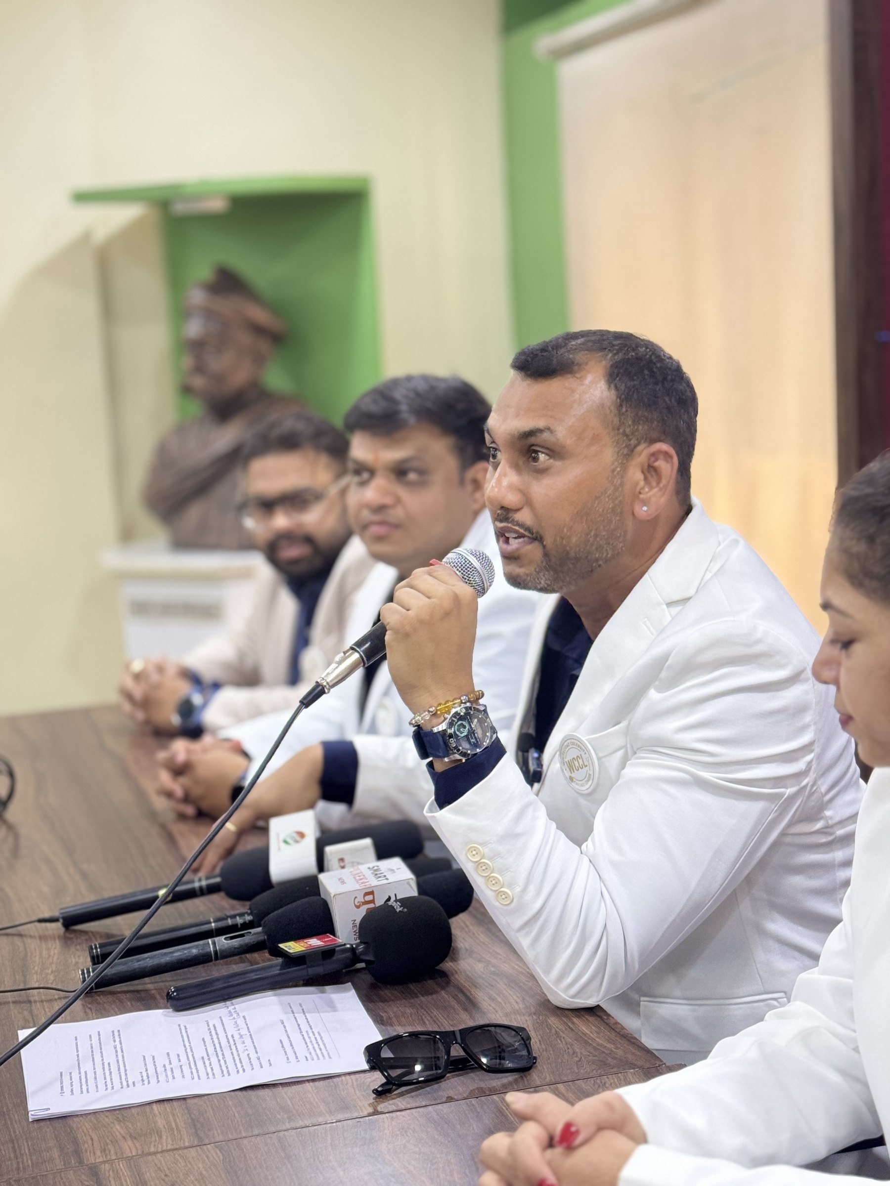 A WCCL organiser speaking at the Pune press conference