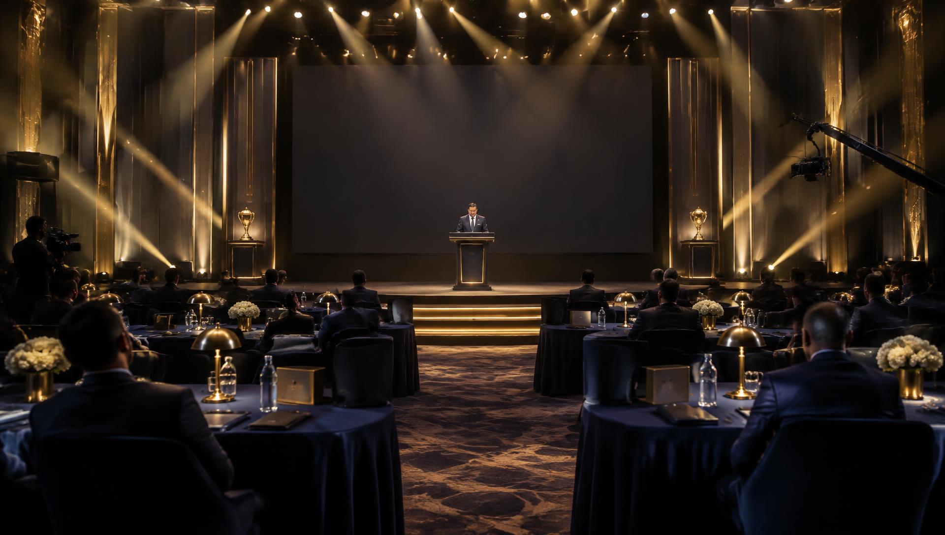 Grand auction stage with franchise team tables under gold stage lights