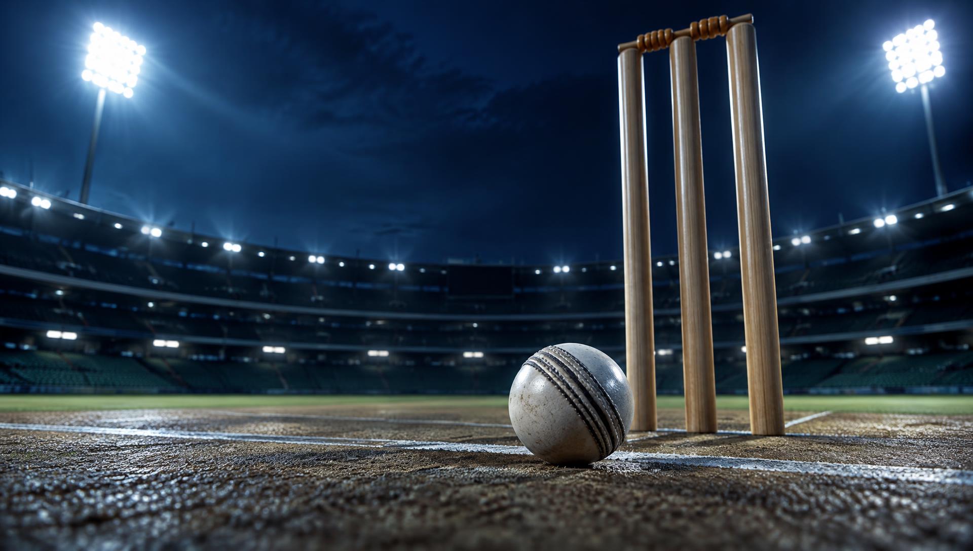 A white leather cricket ball beside the stumps under floodlights