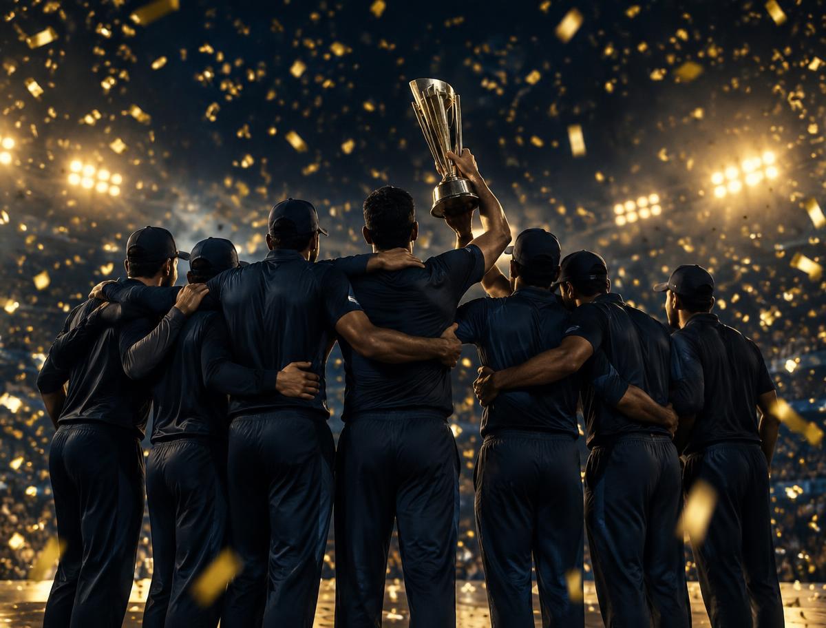 A completed squad celebrating together under falling gold confetti
