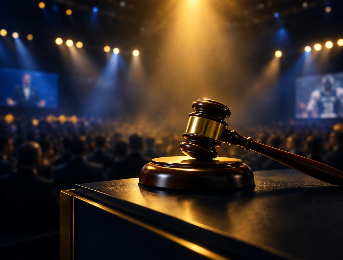 Auction gavel on the podium under a gold spotlight