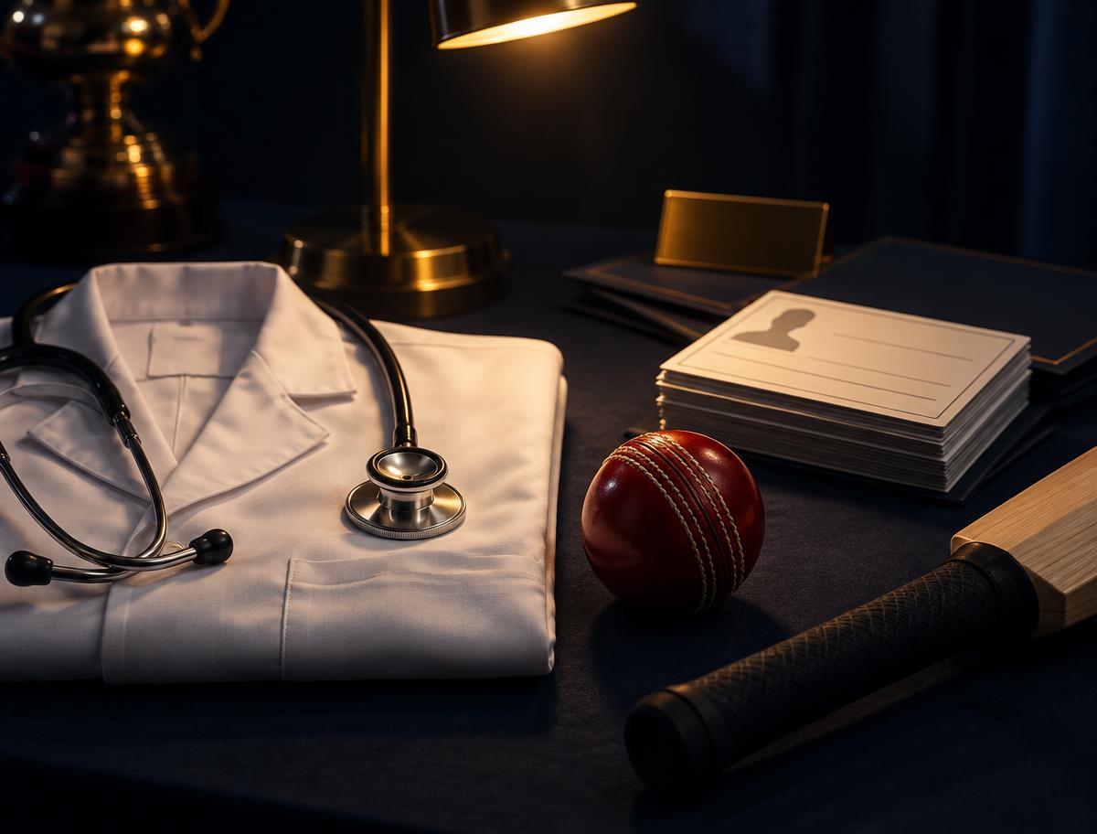 Doctor's white coat, stethoscope, cricket ball and player profile cards on a selection desk
