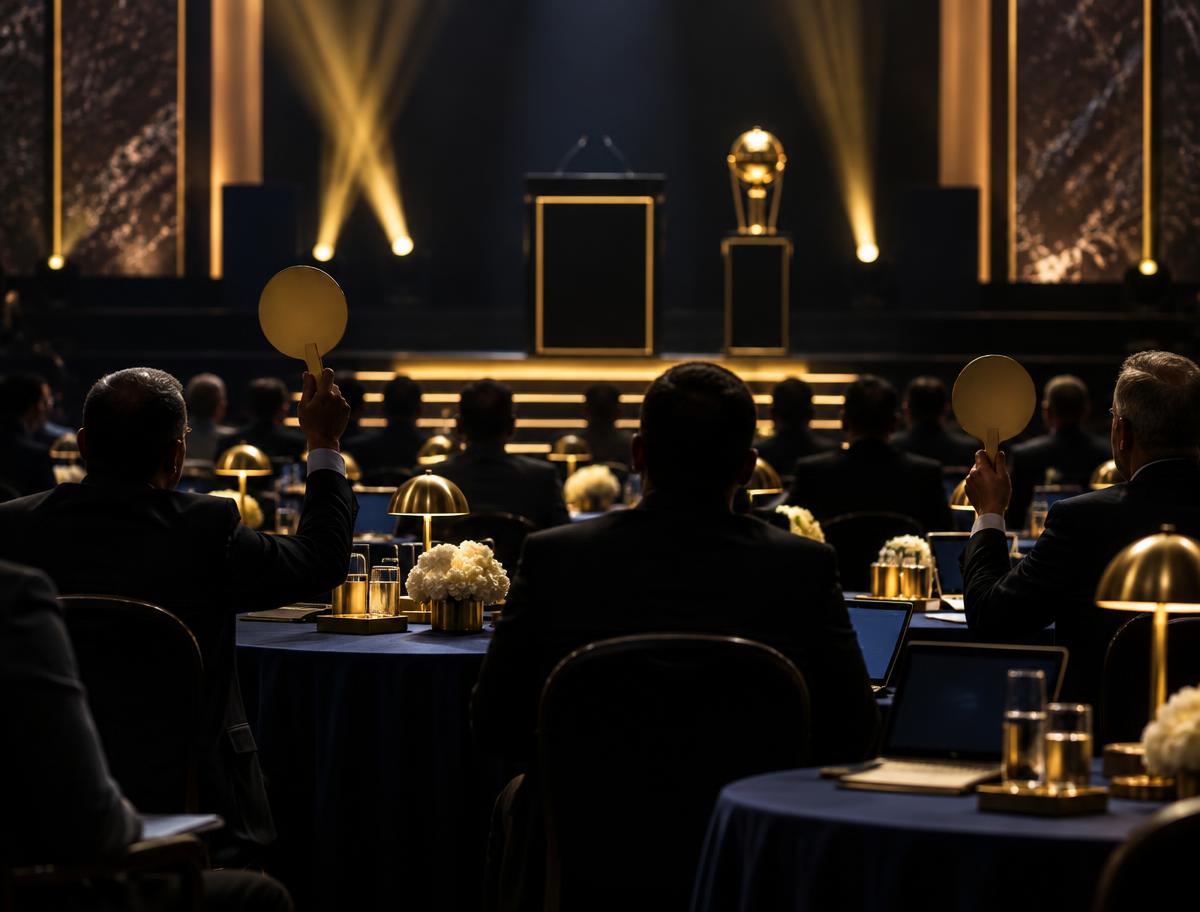Franchise representatives raising bidding paddles at auction tables