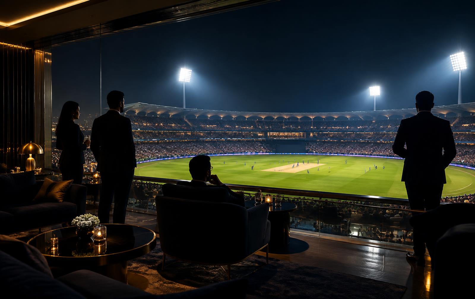 Executive suite overlooking a floodlit cricket stadium